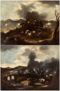 Ciriaco Parmigiani , Attribuito a - a) Scontro di cavallerie in campo aperto; b) scontro di cavallerie nei pressi di un ponte. Coppia di dipinti