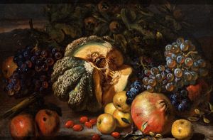 Giovanni Paolo Castelli Lo Spadino, Attribuito a - Natura morta con melone, melagrane, mele e uva