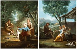 Paolo Monaldi - a) Paesaggio con concerto di contadini; b) Paesaggio con contadini a lavoro. Coppia di dipinti.