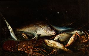 Artista napoletano, seconda metà XVII secolo - Natura morta di pesci e crostacei