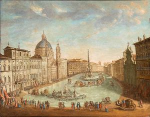 Artista attivo a Roma, XVIII secolo - Veduta di Piazza Navona allagata con giostra di carrozze
