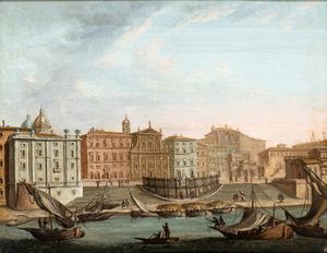 Artista attivo a Roma, XVIII secolo - Veduta del porto di Ripetta
