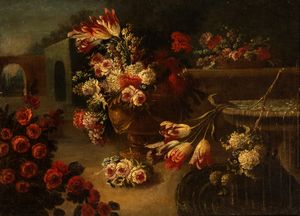Artista napoletano, prima metà XVIII secolo - Natura morta di rose, tulipani e crisantemi