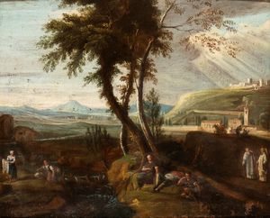 Artista veneto, XVIII secolo - Paesaggio con sosta di viandanti, monaci e lavandaie presso un torrente