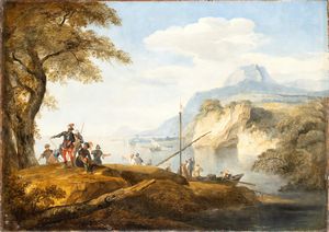 Artista attivo a Napoli, XVIII secolo - Paesaggio costiero con soldati, pescatori e imbarcazioni