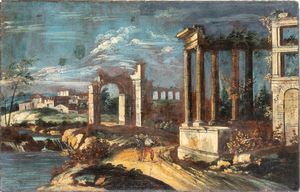Artista veneto, XVIII - XIX secolo - Capriccio con rovine classiche, corso d'acqua e figure