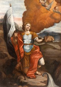 Artista emiliano, XVIII secolo - Santo guerriero con modello di cittadella (San Vittore Martire?)