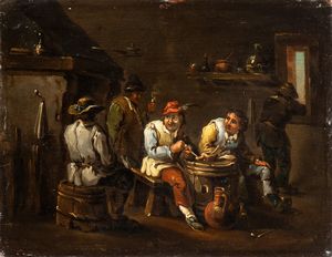 Artista fiammingo, XVIII secolo - Interno di osteria con fumatori di pipa