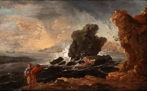 Alessio De Marchis, Attribuito a - Paesaggio costiero con figure