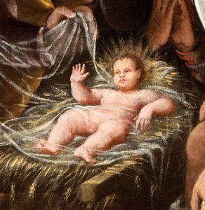 Scuola cremonese, fine XVI - inizio XVII secolo : Adorazione dei pastori  - Asta Dipinti antichi dal XIV al XIX secolo. Con una selezione di sculture - Associazione Nazionale - Case d'Asta italiane