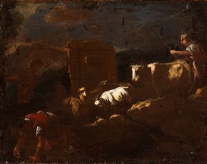 Artista napoletano, seconda metà XVII secolo - Paesaggio con pastore e armenti