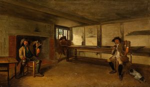 Artista olandese, XIX secolo - Interno di osteria con cacciatori a riposo