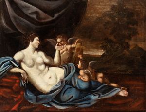 Artista emiliano, XVIII secolo - Venere e amorini in un paesaggio
