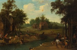 Artista olandese, XVIII secolo - Paesaggio con ruscello, villaggio e figure