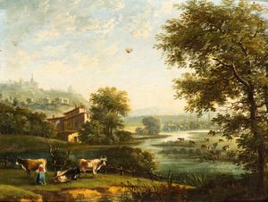 Artista italiano, prima metà XIX secolo - Paesaggio con fiume, cittadella sullo sfondo, armenti e figura