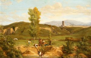 Artista attivo a Roma, XVIII - XIX secolo - Scena di salvataggio nella campagna romana
