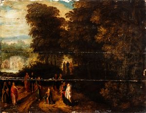 Artista fiammingo, XVII secolo - Paesaggio con Ges e il giovane ricco