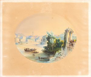 Artista attivo a Roma, XVIII - XIX secolo - Veduta del Tevere con il Ponte Rotto, il tempio di Ercole Vincitore e San Giorgio al Velabro
