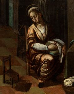 Scuola romana, XVII secolo : Sacra Famiglia nella bottega di San Giuseppe  - Asta Dipinti antichi dal XIV al XIX secolo. Con una selezione di sculture - Associazione Nazionale - Case d'Asta italiane