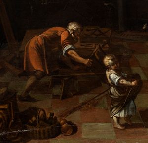 Scuola romana, XVII secolo : Sacra Famiglia nella bottega di San Giuseppe  - Asta Dipinti antichi dal XIV al XIX secolo. Con una selezione di sculture - Associazione Nazionale - Case d'Asta italiane