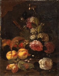 Artista attivo a Roma, seconda metà del XVII secolo - Natura morta di fiori, pesche, prugne e melagrana