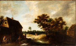 David Teniers Il Giovane, Ambito di - Paesaggio con case e contadini