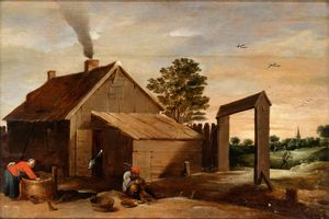 David Teniers Il Giovane, Ambito di - Paesaggio con casa e contadino che pulisce ostriche