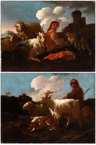 Philipp Peter Roos Rosa da Tivoli, Attribuito a - a) Pastorella con capre e cane; b) pastore con capre e cane. Coppia di dipinti
