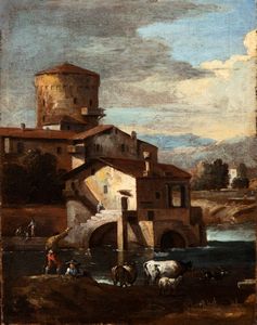 Giuseppe Zais - Paesaggio con case, torrione, corso d'acqua e figure
