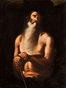 Artista napoletano, XVII secolo - Eremita con bastone e rosario