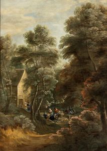 Artista fiammingo attivo in Italia, XVII secolo - Paesaggio con sosta di viandanti