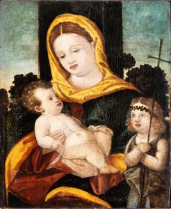 Artista veneto, prima metà XVI secolo - Madonna con Bambino e San Giovannino