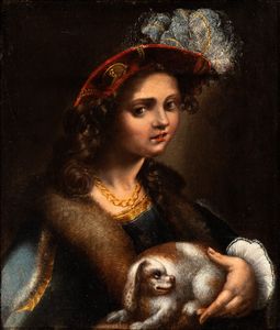 Pseudo Caroselli, Attribuito a - Ritratto di gentildonna con cappello, pelliccia e cagnolino
