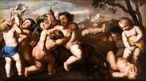Artista napoletano, XVII secolo - Baccanale di putti in un paesaggio