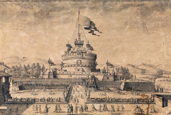 Scuola italiana. XVIII secolo : Veduta di Castel Sant'Angelo  - Asta Disegni Antichi - Associazione Nazionale - Case d'Asta italiane