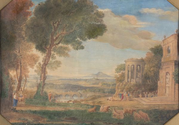 Salomon Corrodi, Ambito di : Paesaggio con figure e Tempio  - Asta Disegni Antichi - Associazione Nazionale - Case d'Asta italiane