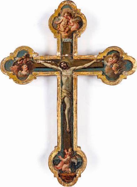 Scuola romana del XVIII secolo : Croce processionale in legno dipinto e dorato  - Asta Dipinti antichi  - Associazione Nazionale - Case d'Asta italiane