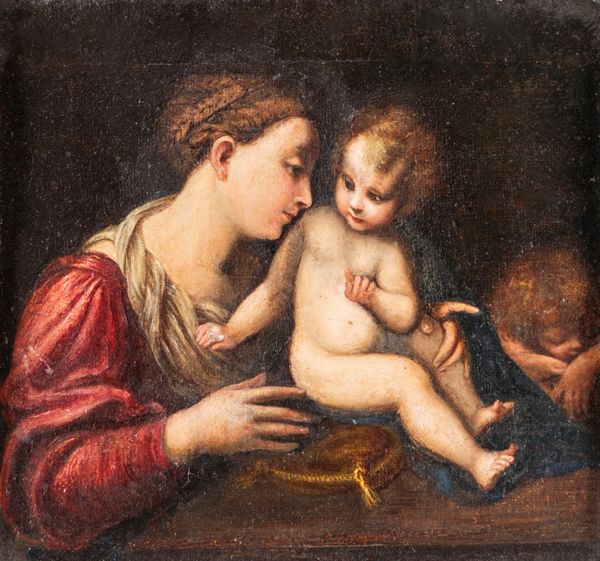 Scuola genovese del XVII secolo : Madonna con Bambino e San Giovannino  - Asta Dipinti antichi  - Associazione Nazionale - Case d'Asta italiane