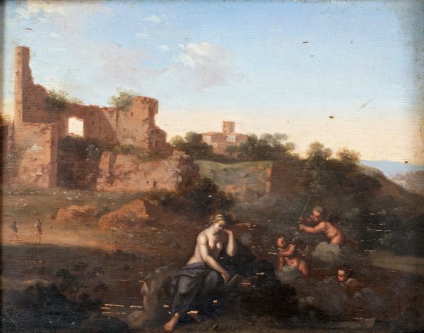 Cornelis van Poelenburgh, Attribuito a : Ninfa alla fonte con putti  - Asta Dipinti antichi  - Associazione Nazionale - Case d'Asta italiane