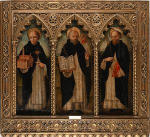SCUOLA TOSCANA DEL XV SECOLO - Trittico con San Domenico San Tommaso d'Aquino e San Pietro Martire