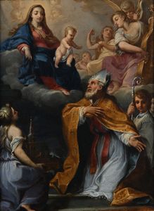 Gaetano Lapis, Attribuito a - Madonna con Bambino e Santo Nicola