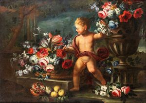 Scuola napoletana. XVII secolo - Natura morta di fiori con putto