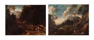 Gaspard Dughet, Scuola di - a) Paesaggio arcadico con figure  b) Pastore con gregge