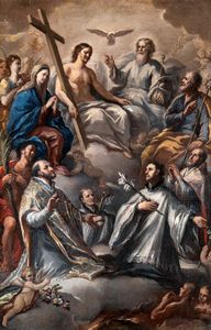 Giuseppe  Mastroleo - La Trinit in gloria con la Madonna, San Giuseppe, San Giovanni Battista, Sant'Ignazio di Loyola, San Francesco Saverio e Sant'Agostino