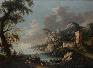 Scuola veneta del XVIII secolo - Paesaggio con borgo turrito