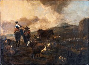 Scuola fiamminga del XVII secolo - Paesaggio con figure e armenti