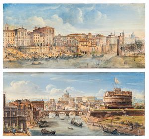 SCUOLA ROMANA DEL XIX SECOLO - Coppia di tempere su pergamena Veduta di Castel Sant'Angelo e del Porto di Ripetta