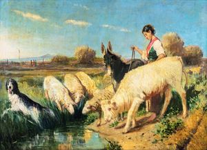 Antonio Milone - Pastorella con gregge e asinello
