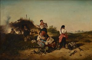 Pittore nordico del XIX secolo - Scena campestre  con cornice decorata con foglie