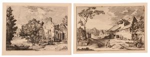 Johann Georg Hertel - Paesaggio con casolare lungo il fiume - Paesaggio con casolare e contadini